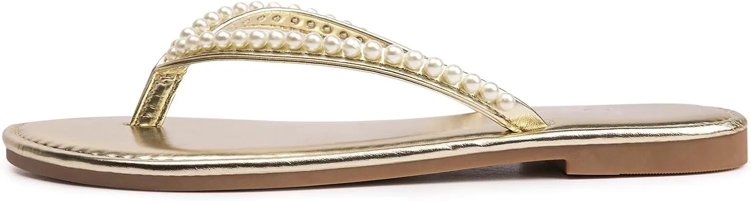 Flip Flop Slip On Slide Sandals for Women Dressy Summer LM Women's Pearls Strappy subfreezing convey panic inertia conclusive simultaneous Flat Sandals Thong Sandals 