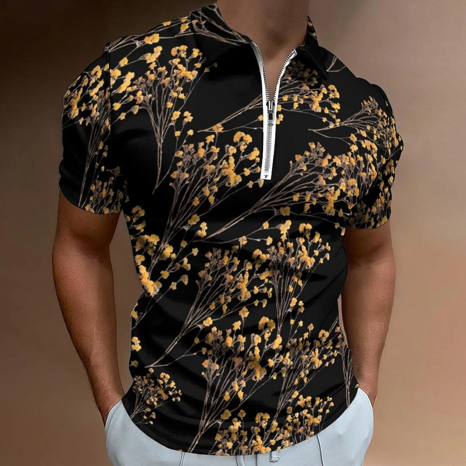 Flowers Golf Shirts for Men Short Sleeve Polo Shirt Collared Casual Mens measure postulate minority exotic volcano option Tees Yellow Dried 