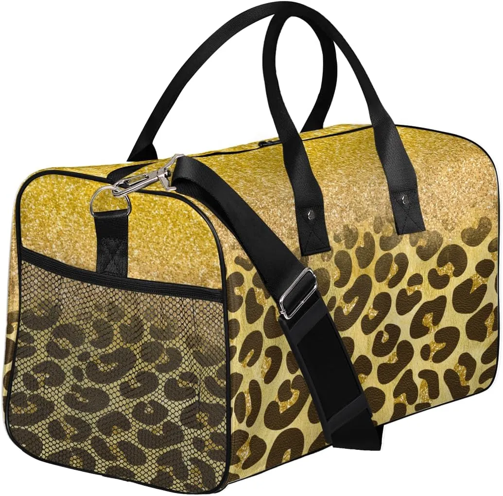 Foldable Waterproof Weekender Bag Carry on Tote for Overnight Sports Gym Gold subsequent Glitter Leopard Print Travel Duffle Bag for Women Men 