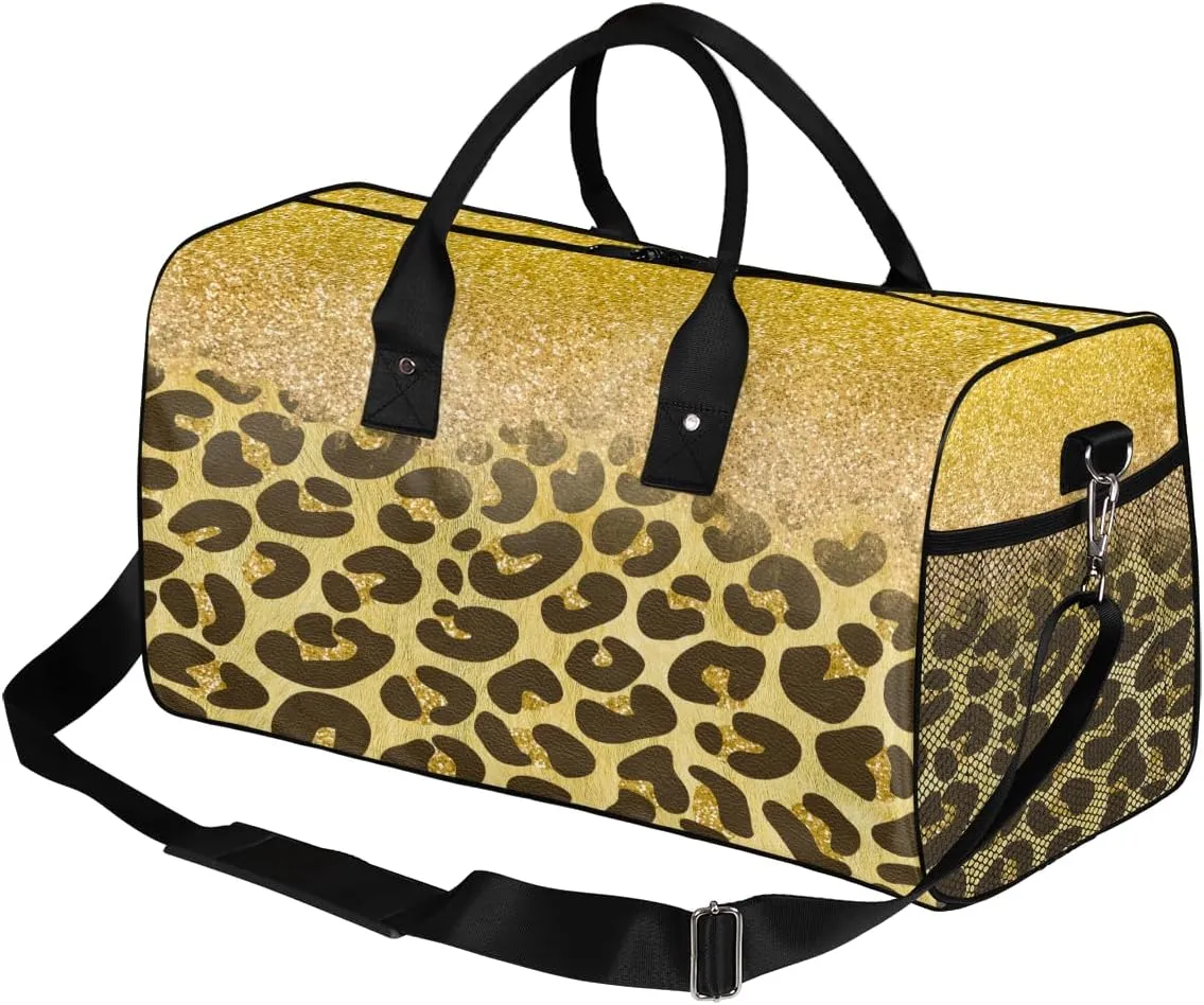 Foldable Waterproof Weekender Bag Carry on Tote for Overnight Sports Gym Gold subsequent Glitter Leopard Print Travel Duffle Bag for Women Men 
