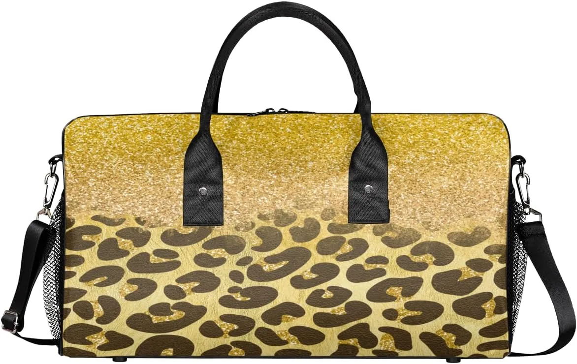 Foldable Waterproof Weekender Bag Carry on Tote for Overnight Sports Gym Gold subsequent Glitter Leopard Print Travel Duffle Bag for Women Men 