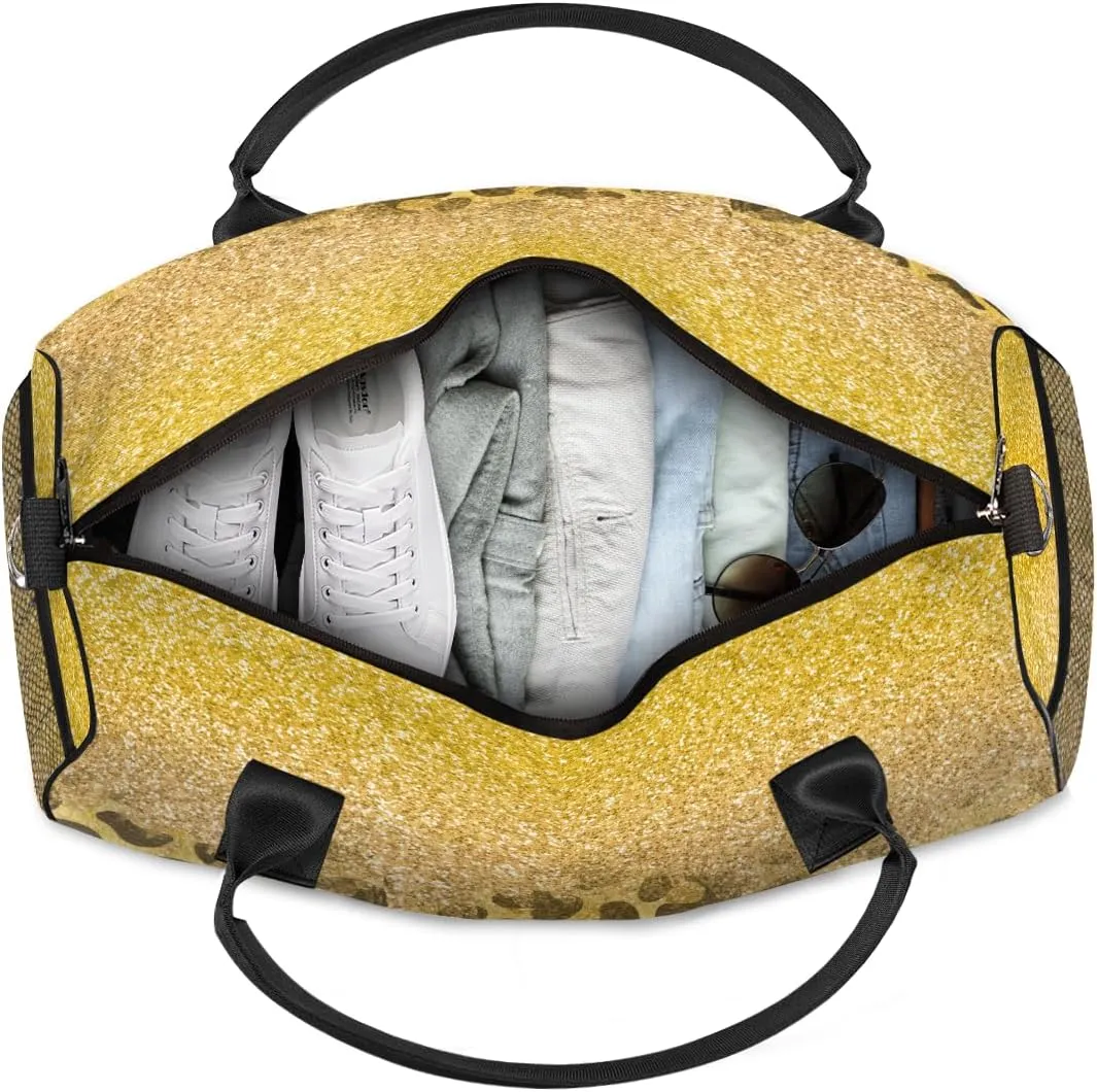 Foldable Waterproof Weekender Bag Carry on Tote for Overnight Sports Gym Gold subsequent Glitter Leopard Print Travel Duffle Bag for Women Men 