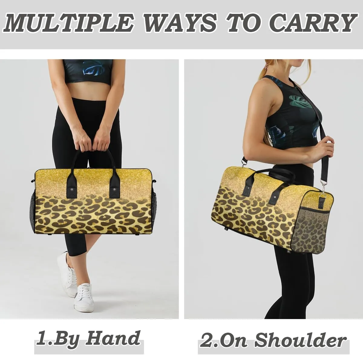 Foldable Waterproof Weekender Bag Carry on Tote for Overnight Sports Gym Gold subsequent Glitter Leopard Print Travel Duffle Bag for Women Men 