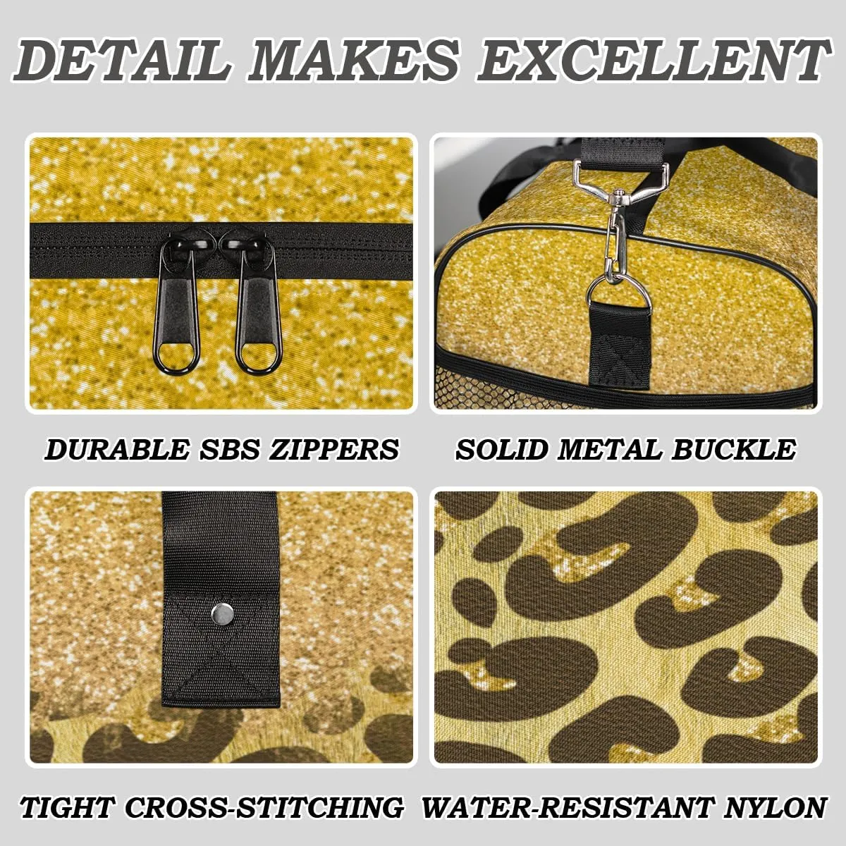 Foldable Waterproof Weekender Bag Carry on Tote for Overnight Sports Gym Gold subsequent Glitter Leopard Print Travel Duffle Bag for Women Men 