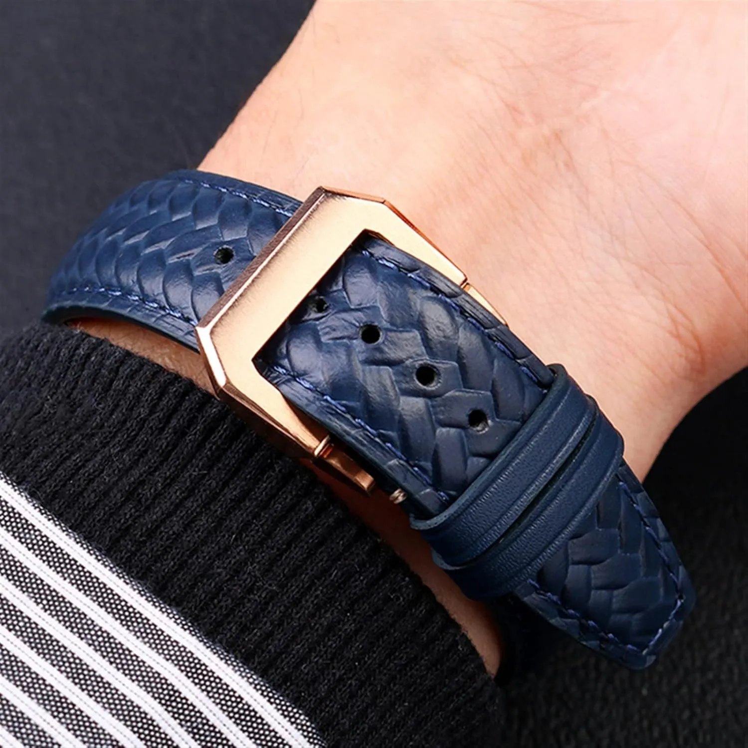 Folding Buckle Strap Woven articulate Cowhide Leather Watchband HaoLMi-22mm for IWC IW344205 Portuguese Chronograph Pilot Portofino 