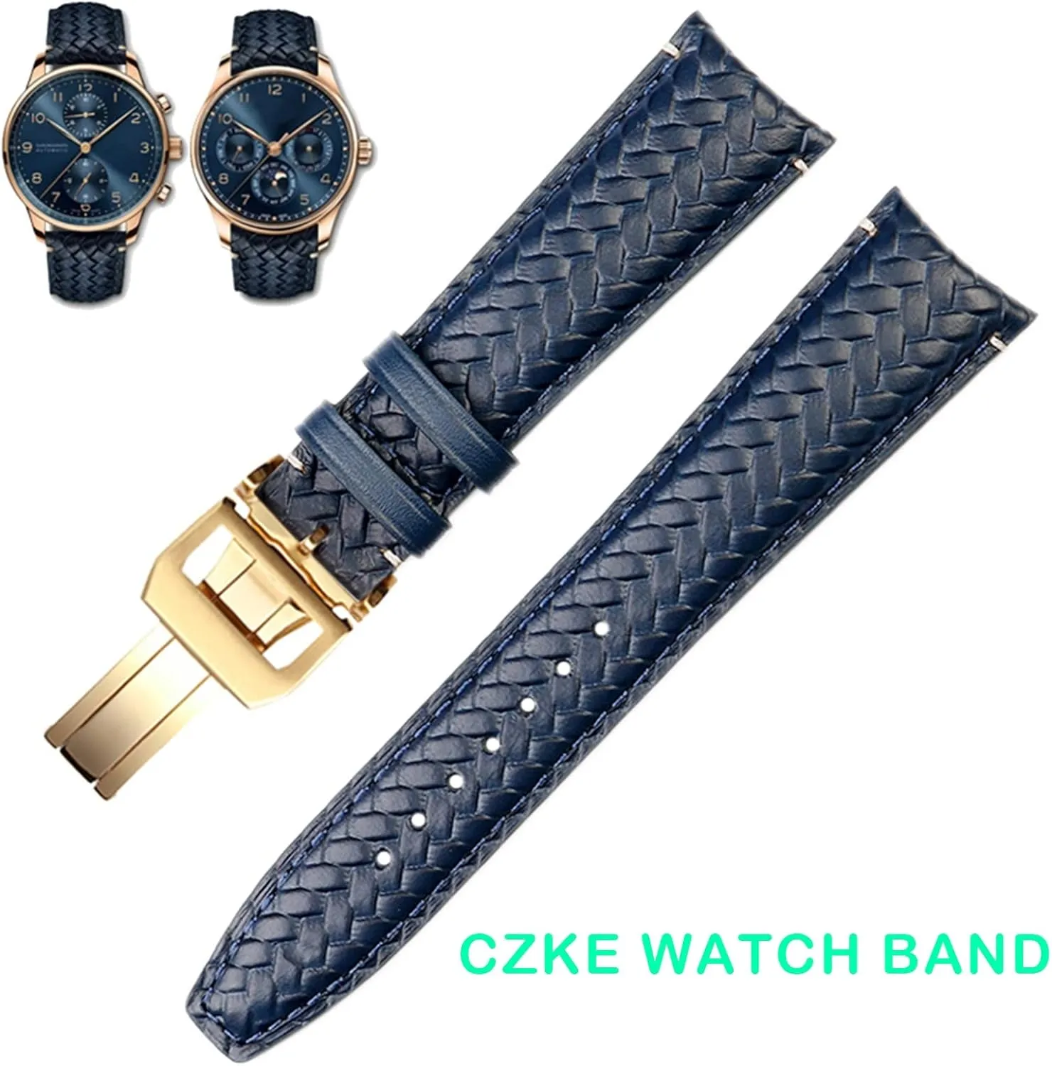 Folding Buckle Strap Woven articulate Cowhide Leather Watchband HaoLMi-22mm for IWC IW344205 Portuguese Chronograph Pilot Portofino 