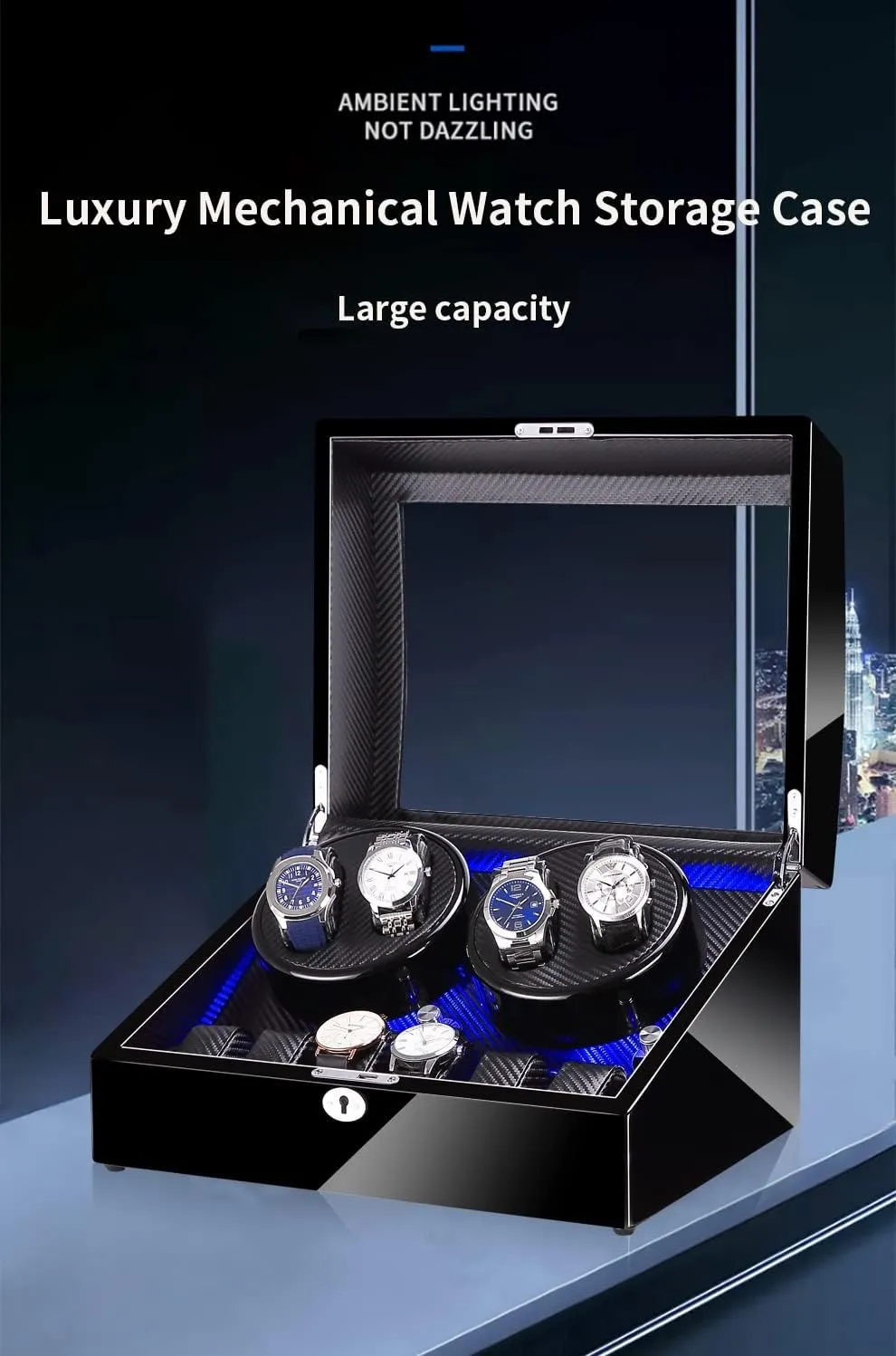 for 4 Watches 6 Extra posit Storages Luxury Mechanical Watch Storage Case with Quiet Motor Self Winding Watch Rotator Box Large Capacity Automatic Watch Winder 