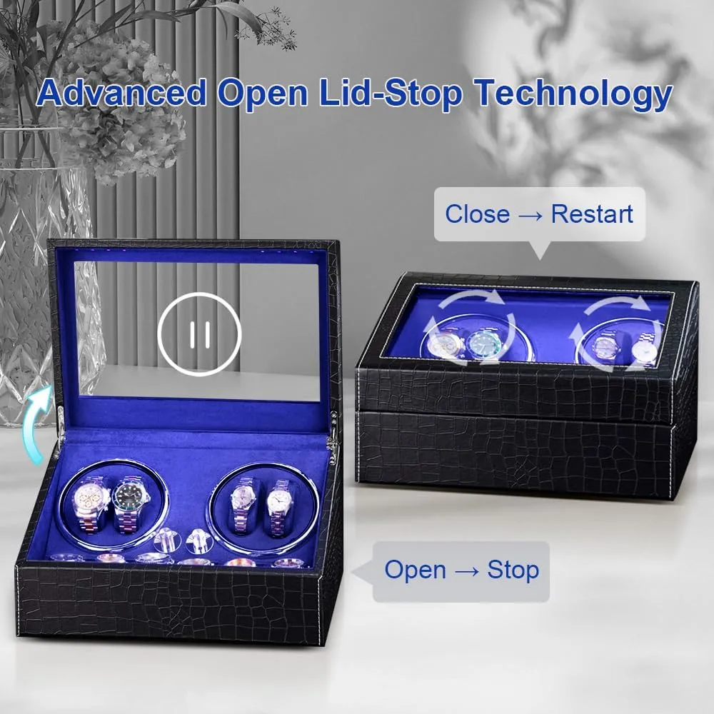 for Collection Display (Black Crocodile Skin) Automatic Watch Winder for 4 Watches with 6 Watch Storage adornment Display Case - Japanese Quiet Motor, 4 Rotation Modes, LED Backlight,Watch Winder Box 