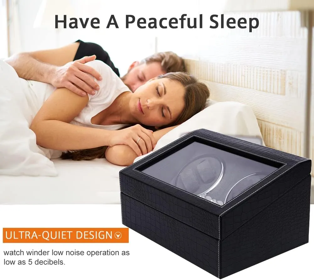 for Collection Display (Black Crocodile Skin) Automatic Watch Winder for 4 Watches with 6 Watch Storage adornment Display Case - Japanese Quiet Motor, 4 Rotation Modes, LED Backlight,Watch Winder Box 