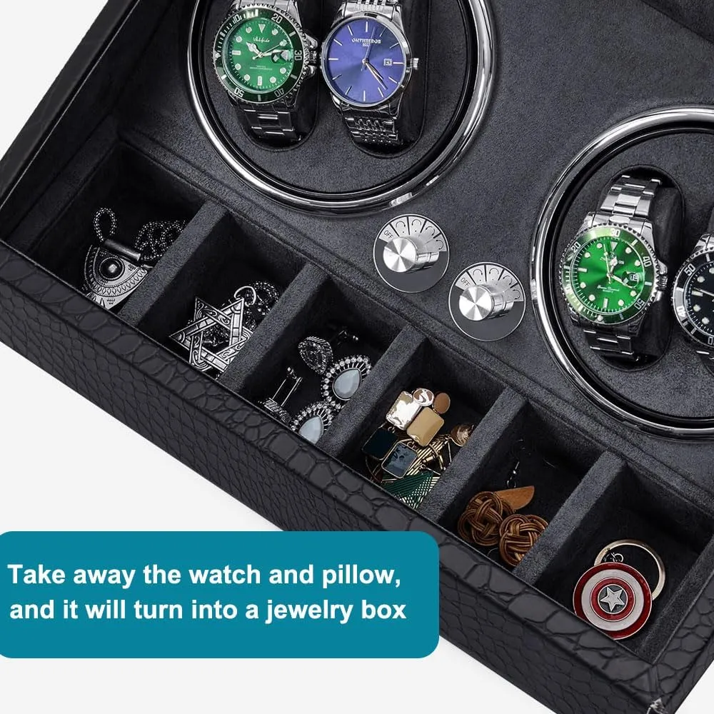 for Collection Display (Black Crocodile Skin) Automatic Watch Winder for 4 Watches with 6 Watch Storage adornment Display Case - Japanese Quiet Motor, 4 Rotation Modes, LED Backlight,Watch Winder Box 