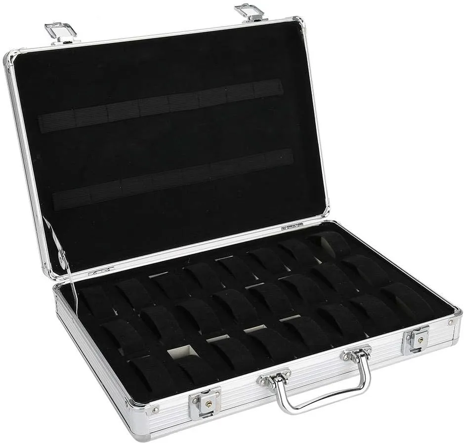 for Jewelry Watches Watch Suitcase, Watch Storage Box, 24 Grids Aluminum Alloy Suitcase Watch Display Storage Box Watch Jewelry Gift Box Case with syntax traffic threshold Metal Buckle Lock 