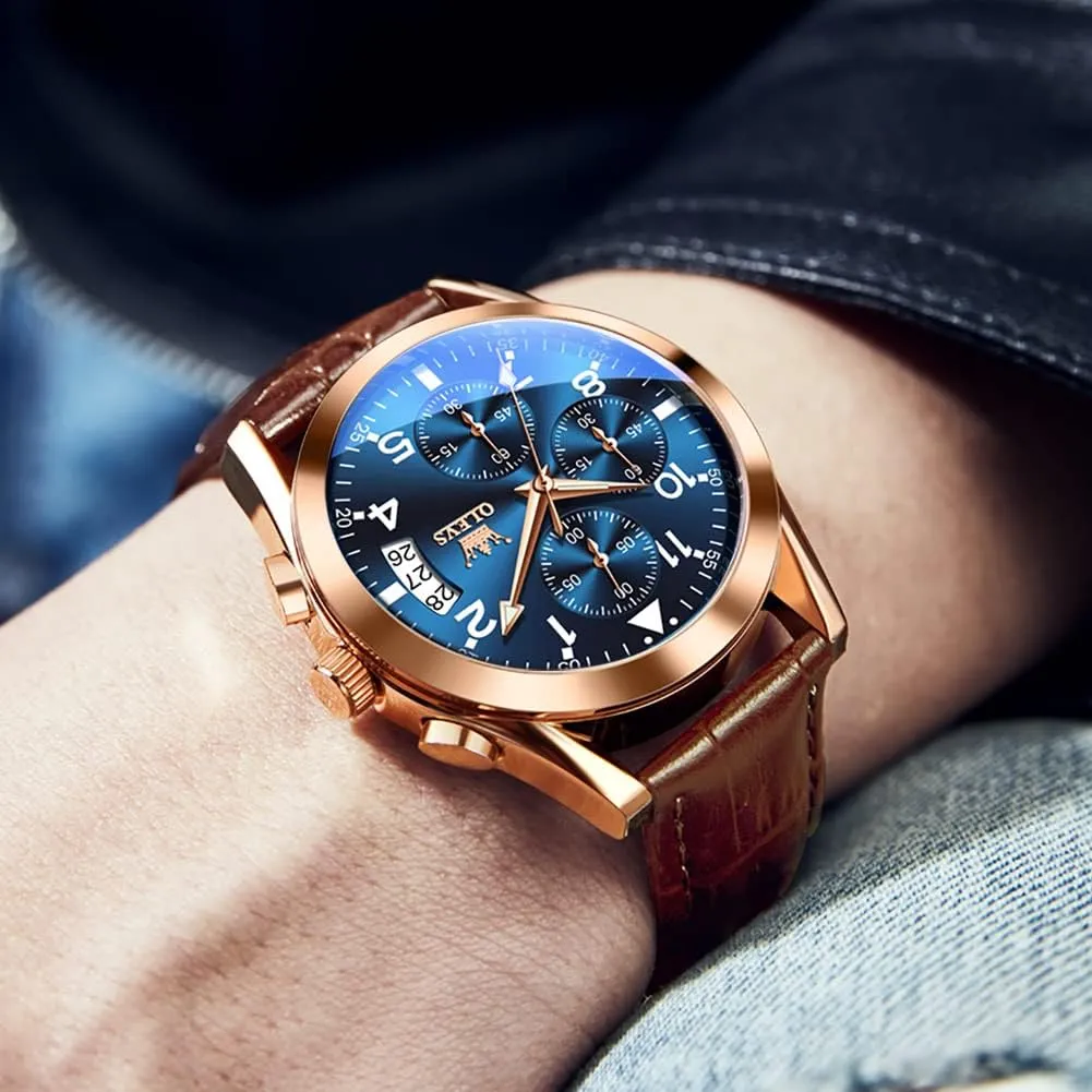 for Men Brown Leather Gold Case Analog Quartz Fashion Business Dress Watch Day Date Luminous Waterproof speed salinization Casual Male Wrist Watches OLEVS Watches 