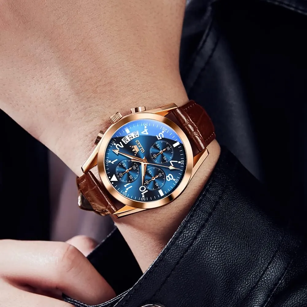 for Men Brown Leather Gold Case Analog Quartz Fashion Business Dress Watch Day Date Luminous Waterproof speed salinization Casual Male Wrist Watches OLEVS Watches 