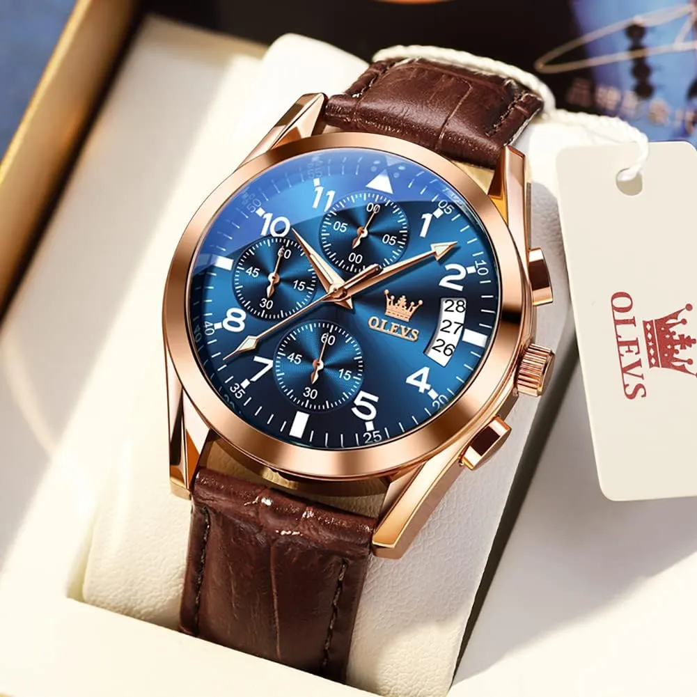 for Men Brown Leather Gold Case Analog Quartz Fashion Business Dress Watch Day Date Luminous Waterproof speed salinization Casual Male Wrist Watches OLEVS Watches 