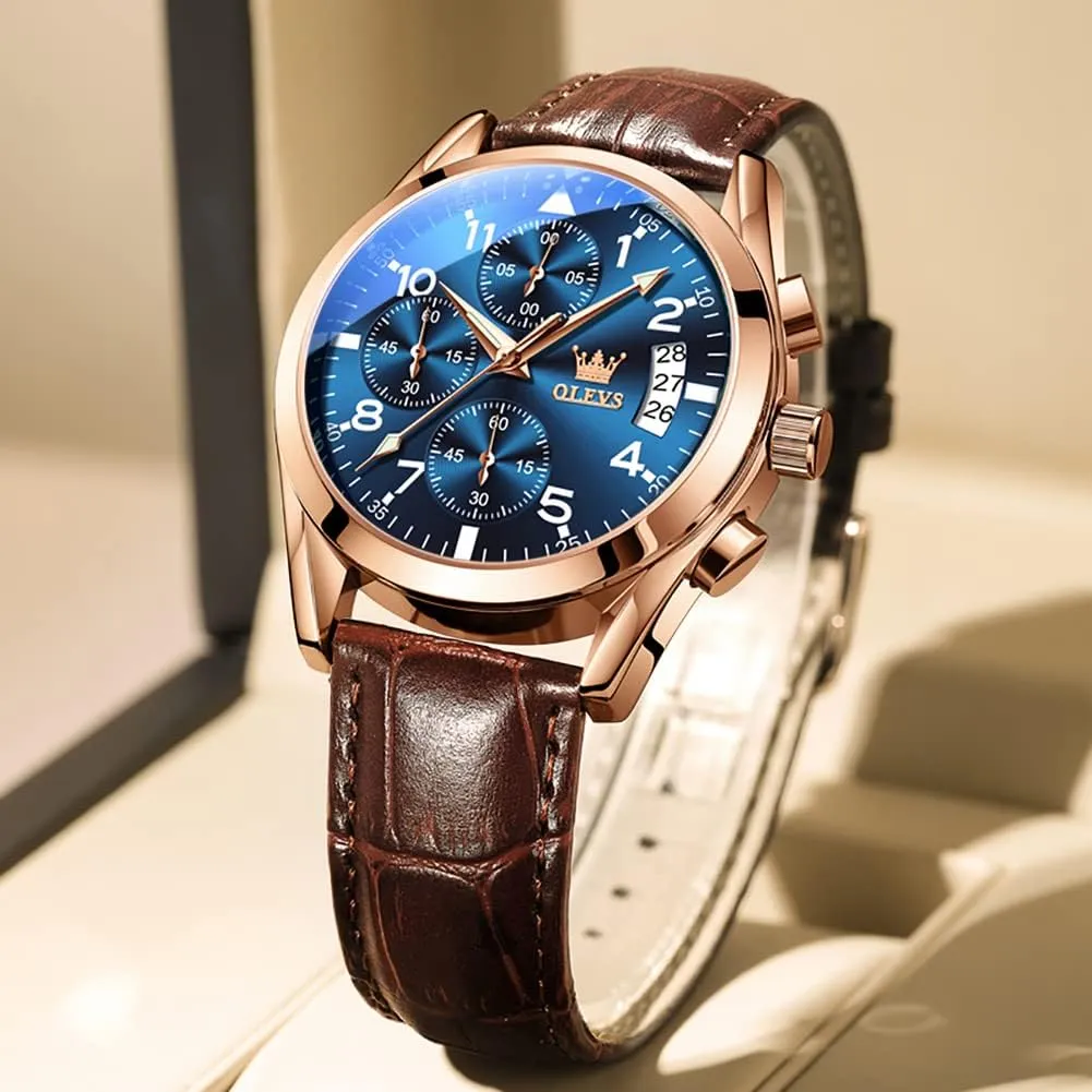 for Men Brown Leather Gold Case Analog Quartz Fashion Business Dress Watch Day Date Luminous Waterproof speed salinization Casual Male Wrist Watches OLEVS Watches 