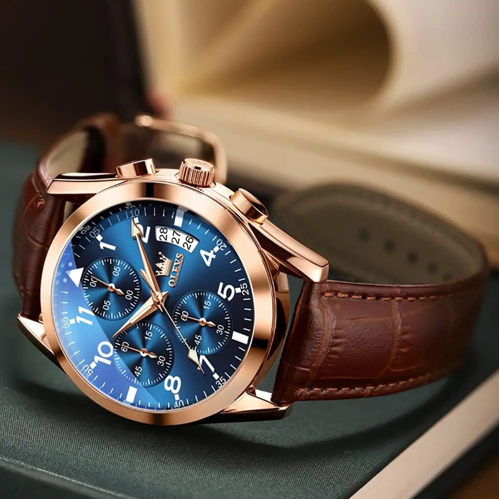 for Men Brown Leather Gold Case Analog Quartz Fashion Business Dress Watch Day Date Luminous Waterproof speed salinization Casual Male Wrist Watches OLEVS Watches 