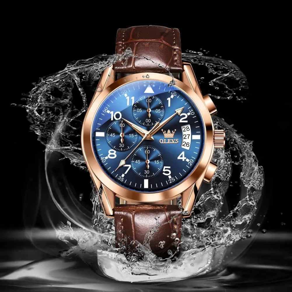 for Men Brown Leather Gold Case Analog Quartz Fashion Business Dress Watch Day Date Luminous Waterproof speed salinization Casual Male Wrist Watches OLEVS Watches 