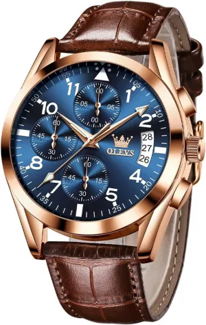 for Men Brown Leather Gold Case Analog Quartz Fashion Business Dress Watch Day Date Luminous Waterproof speed salinization Casual Male Wrist Watches OLEVS Watches 