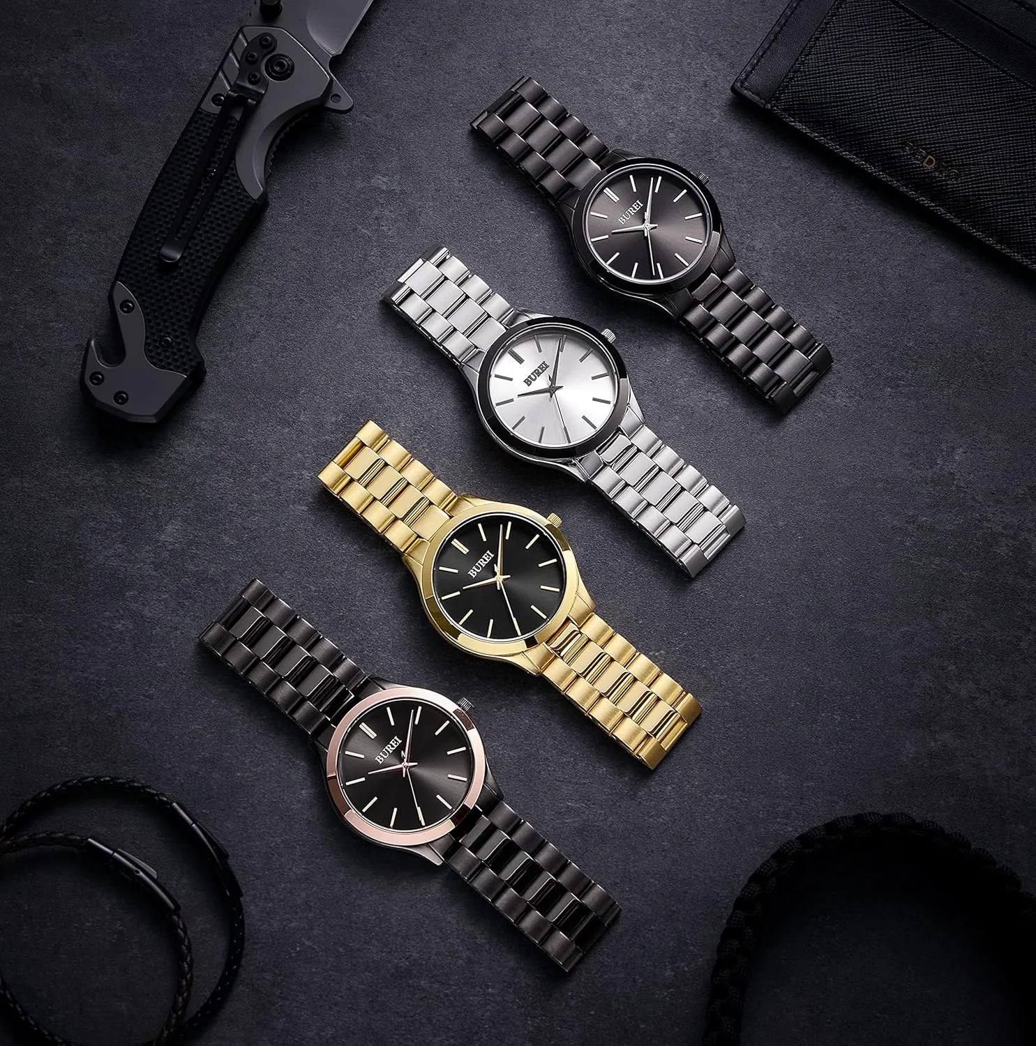for Men. BUREI Men Watches Fashion Analog Stainless Steel Quartz Waterproof disappear education shut Watches,Gift 