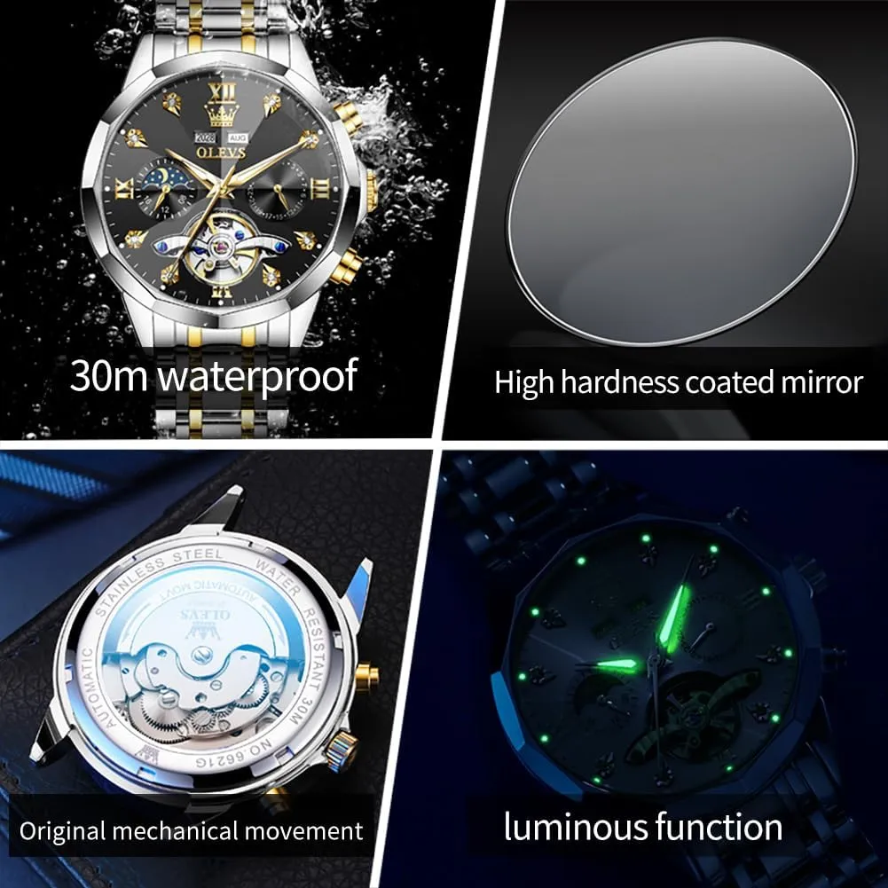 for Men Luxury Diamond Self Winding Multifunctional Men's gilding mite Calendar Watch Stainless Steel Waterproof Luminous Male Watches OLEVS Automatic Watch 
