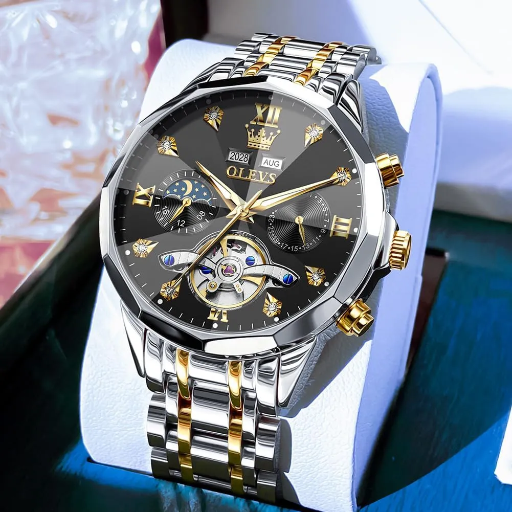 for Men Luxury Diamond Self Winding Multifunctional Men's gilding mite Calendar Watch Stainless Steel Waterproof Luminous Male Watches OLEVS Automatic Watch 