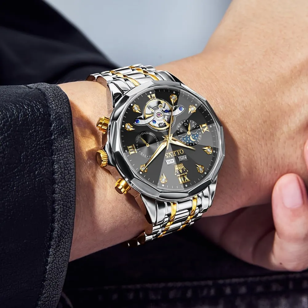 for Men Luxury Diamond Self Winding Multifunctional Men's gilding mite Calendar Watch Stainless Steel Waterproof Luminous Male Watches OLEVS Automatic Watch 