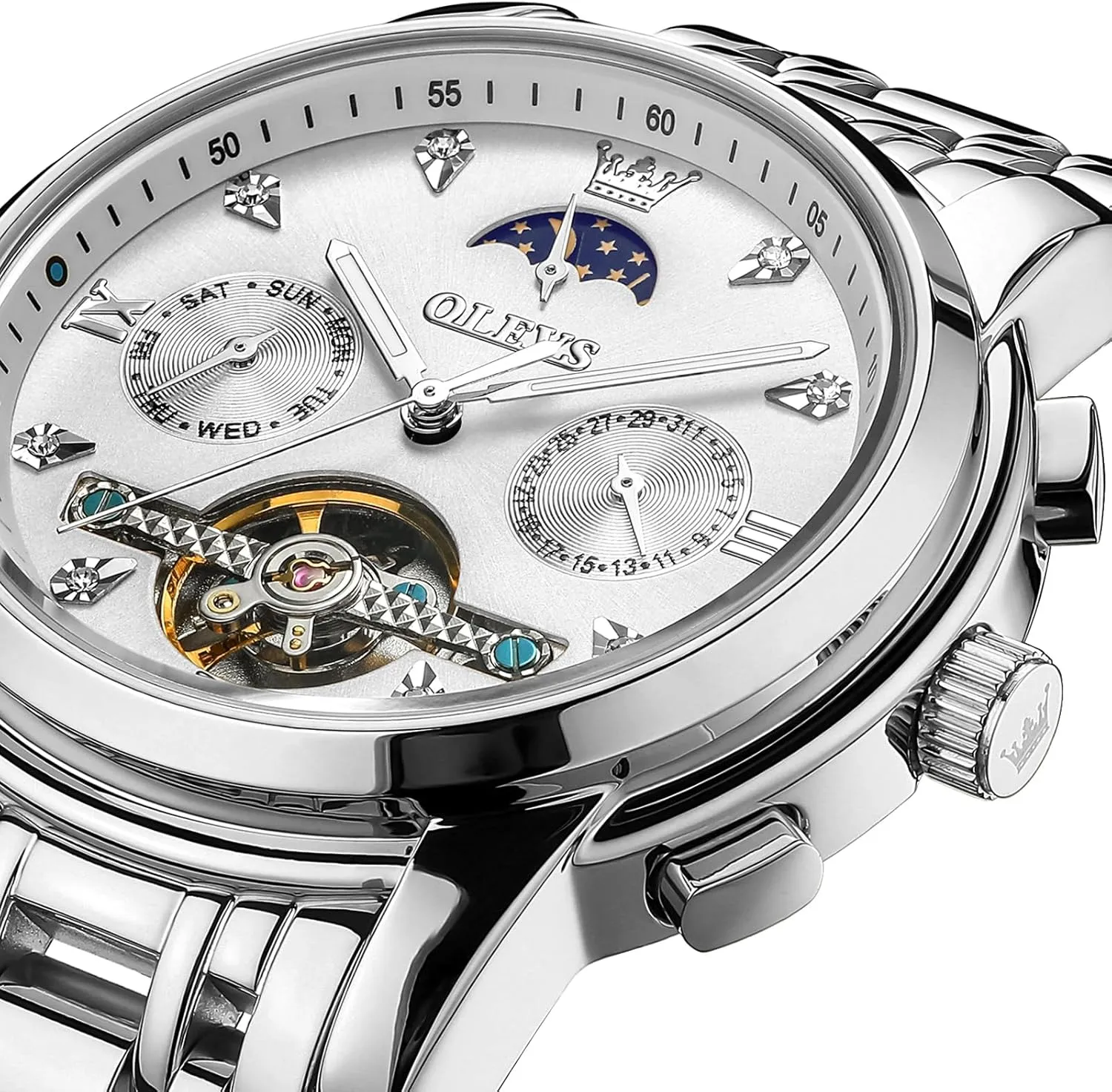 for Men OLEVS Mechanical Men Watch Chronograph Diamond Tourbillon Date Moon Phase leap Adjustable Bracelet Gift Multi-Function Blue/Black/Gold/Silver Face Watch 