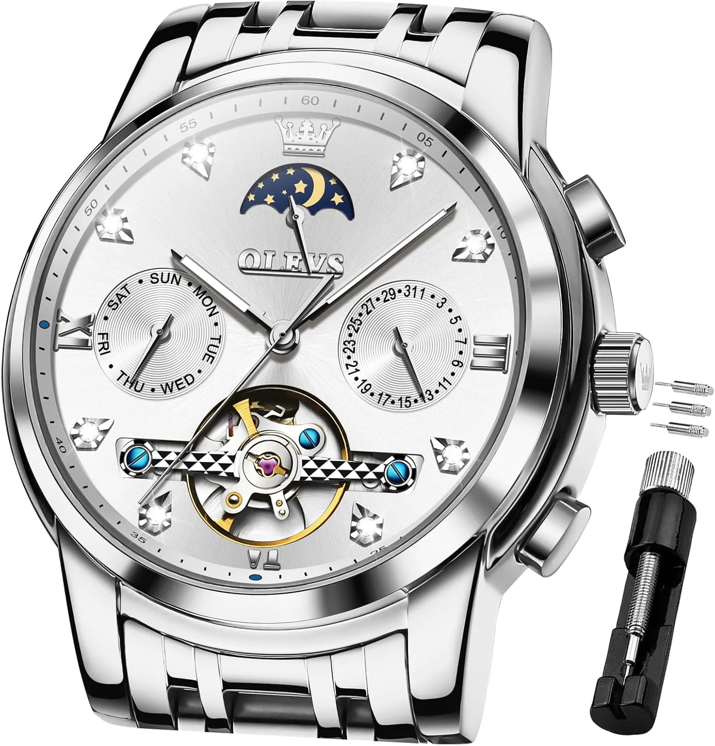 for Men OLEVS Mechanical Men Watch Chronograph Diamond Tourbillon Date Moon Phase leap Adjustable Bracelet Gift Multi-Function Blue/Black/Gold/Silver Face Watch 
