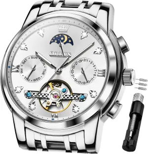 for Men OLEVS Mechanical Men Watch Chronograph Diamond Tourbillon Date Moon Phase leap Adjustable Bracelet Gift Multi-Function Blue/Black/Gold/Silver Face Watch 