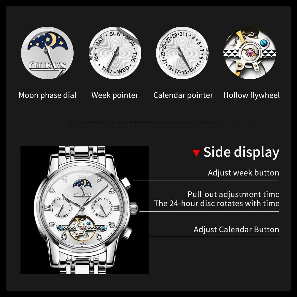 for Men OLEVS Mechanical Men Watch Chronograph Diamond Tourbillon Date Moon Phase leap Adjustable Bracelet Gift Multi-Function Blue/Black/Gold/Silver Face Watch 