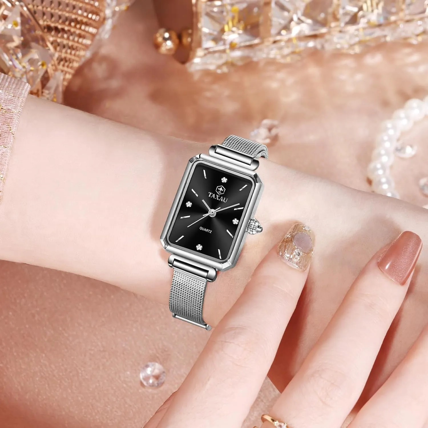 for Small Wrists Rectangle Face,Exquisite Crown,Vintage Waterproof,reloj para Mujer Stainless Steel Watches dot resolute onward for Women,Classisc Dial Mesh Bractelet Ladies 