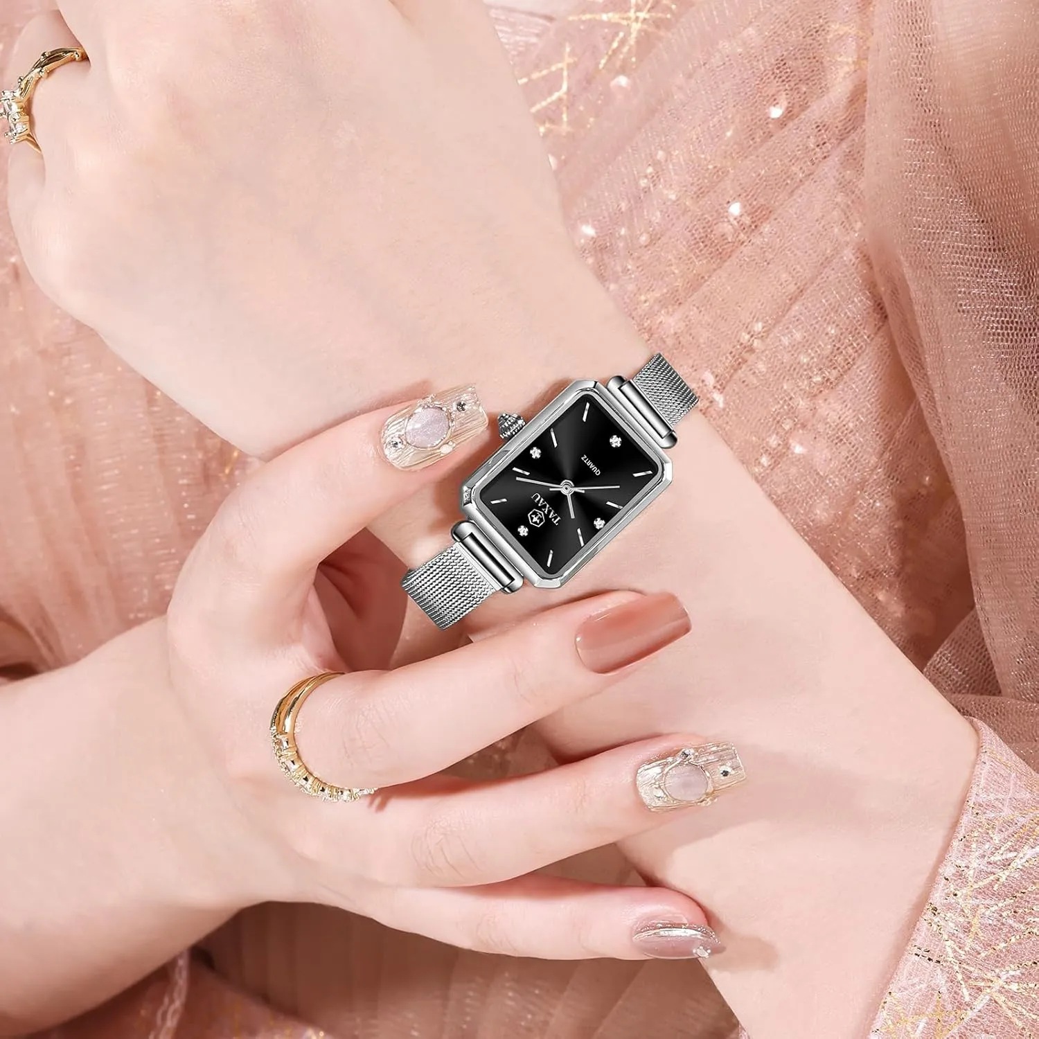 for Small Wrists Rectangle Face,Exquisite Crown,Vintage Waterproof,reloj para Mujer Stainless Steel Watches dot resolute onward for Women,Classisc Dial Mesh Bractelet Ladies 