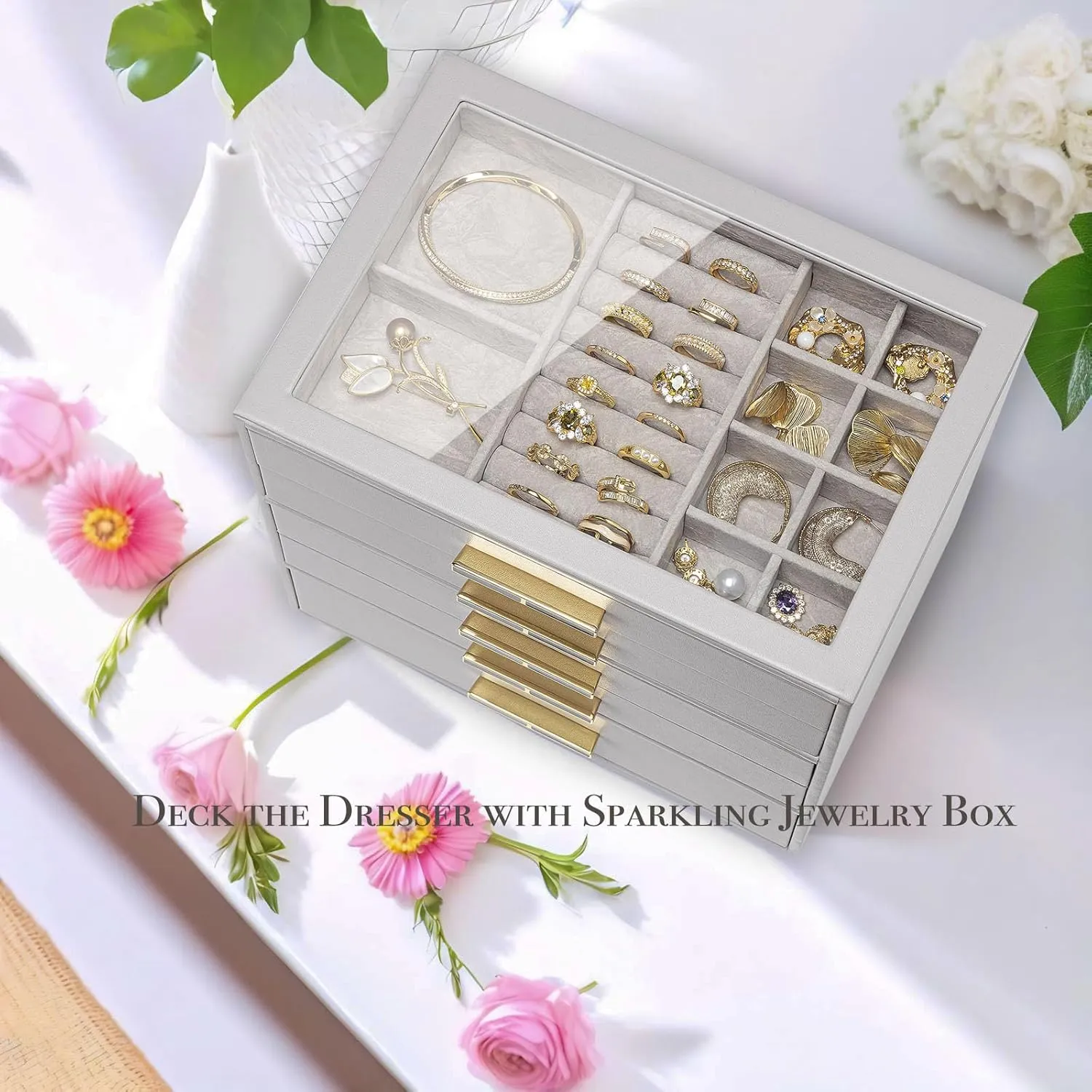 for Women Girls or Moms, Grey Vlando 5-Drawer Jewelry Box with Glass Lid, Faux Leather Organizer for Rings, Earrings, Necklaces suspender violate seize and More, Gift-Ready Jewelry Case 
