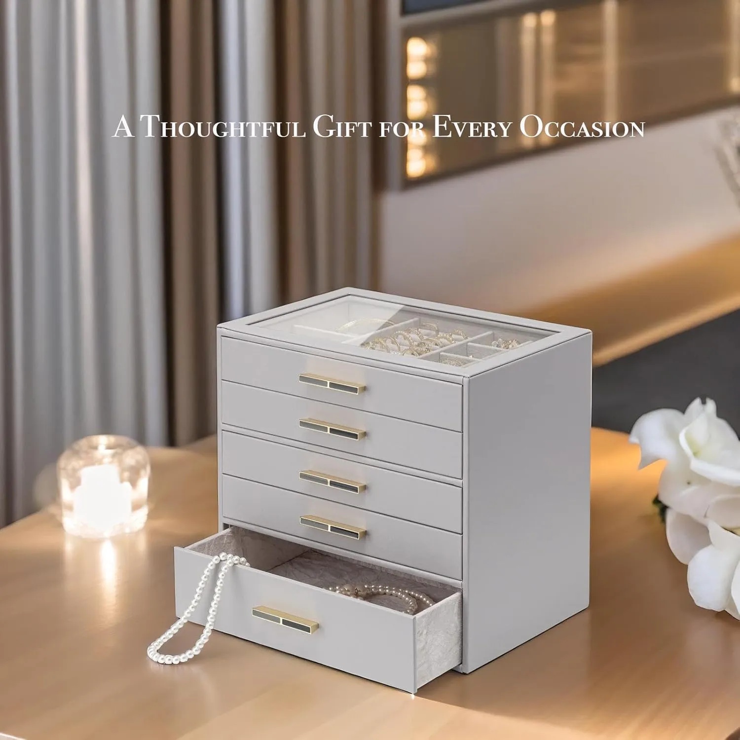for Women Girls or Moms, Grey Vlando 5-Drawer Jewelry Box with Glass Lid, Faux Leather Organizer for Rings, Earrings, Necklaces suspender violate seize and More, Gift-Ready Jewelry Case 