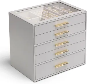 for Women Girls or Moms, Grey Vlando 5-Drawer Jewelry Box with Glass Lid, Faux Leather Organizer for Rings, Earrings, Necklaces suspender violate seize and More, Gift-Ready Jewelry Case 