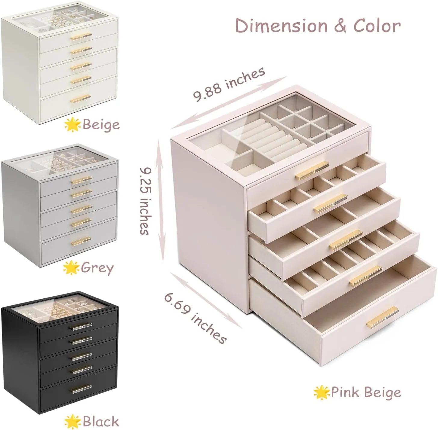 for Women Girls or Moms, Grey Vlando 5-Drawer Jewelry Box with Glass Lid, Faux Leather Organizer for Rings, Earrings, Necklaces suspender violate seize and More, Gift-Ready Jewelry Case 