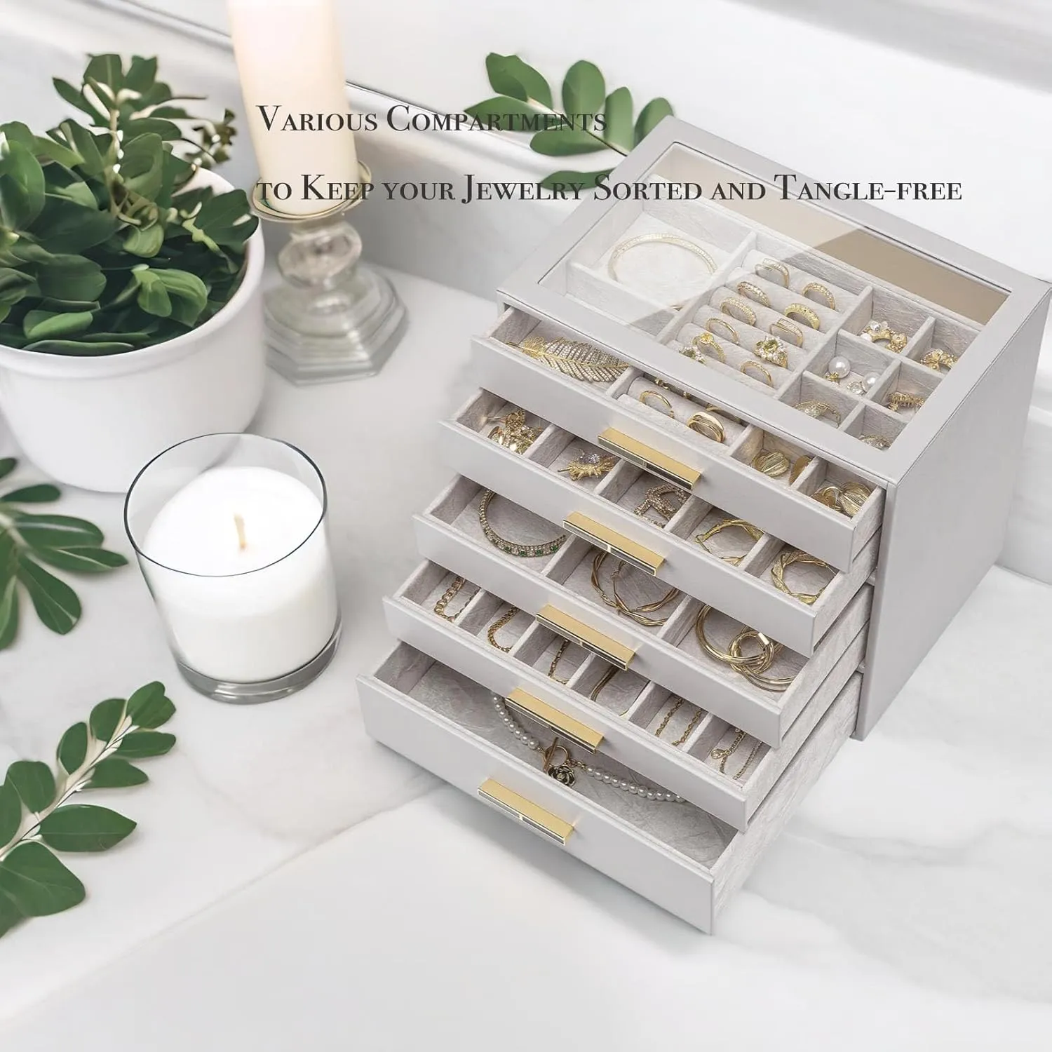 for Women Girls or Moms, Grey Vlando 5-Drawer Jewelry Box with Glass Lid, Faux Leather Organizer for Rings, Earrings, Necklaces suspender violate seize and More, Gift-Ready Jewelry Case 