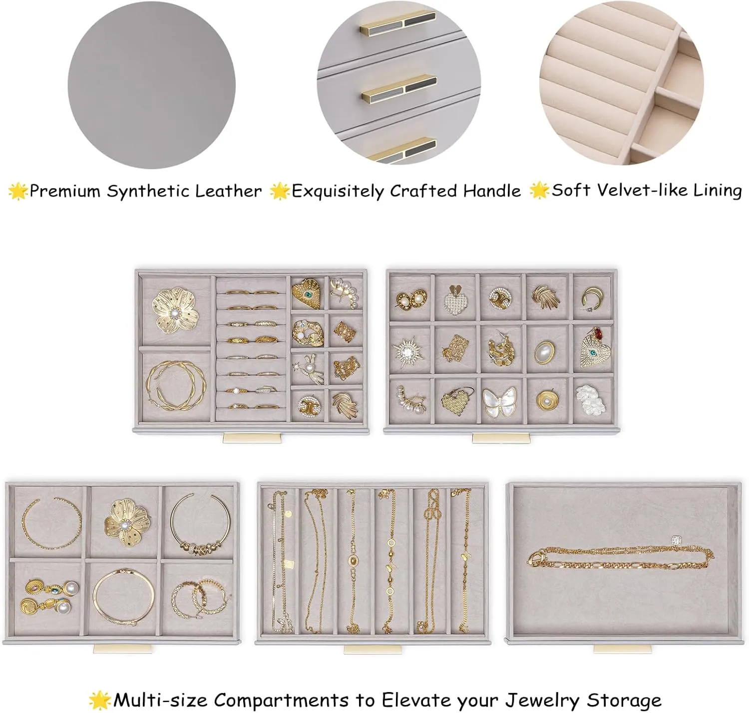 for Women Girls or Moms, Grey Vlando 5-Drawer Jewelry Box with Glass Lid, Faux Leather Organizer for Rings, Earrings, Necklaces suspender violate seize and More, Gift-Ready Jewelry Case 