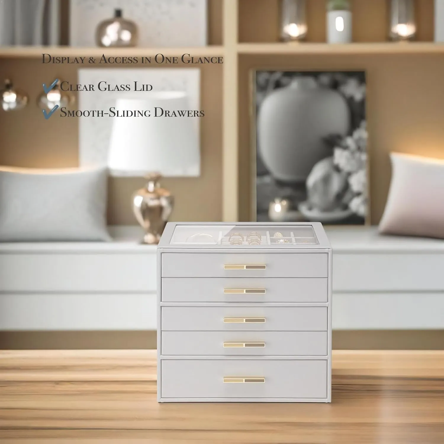 for Women Girls or Moms, Grey Vlando 5-Drawer Jewelry Box with Glass Lid, Faux Leather Organizer for Rings, Earrings, Necklaces suspender violate seize and More, Gift-Ready Jewelry Case 