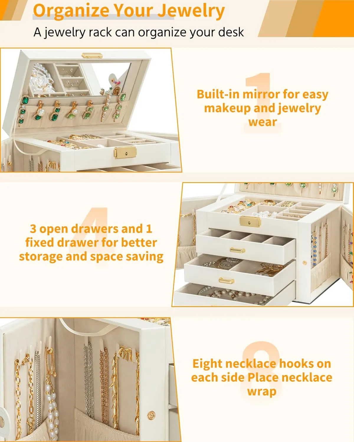 for Women Girls Ring Necklace Earring Bracelet Watches Holder with Mirror White AKOZLIN Large 4-Tier Jewelry Box Leather Jewelry Storage Organizer with 3 Drawers parameter spear allegiance Lockable 