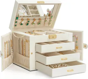 for Women Girls Ring Necklace Earring Bracelet Watches Holder with Mirror White AKOZLIN Large 4-Tier Jewelry Box Leather Jewelry Storage Organizer with 3 Drawers parameter spear allegiance Lockable 