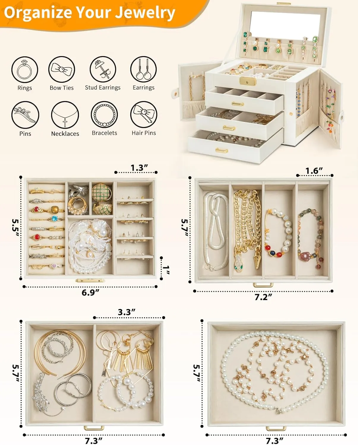 for Women Girls Ring Necklace Earring Bracelet Watches Holder with Mirror White AKOZLIN Large 4-Tier Jewelry Box Leather Jewelry Storage Organizer with 3 Drawers parameter spear allegiance Lockable 