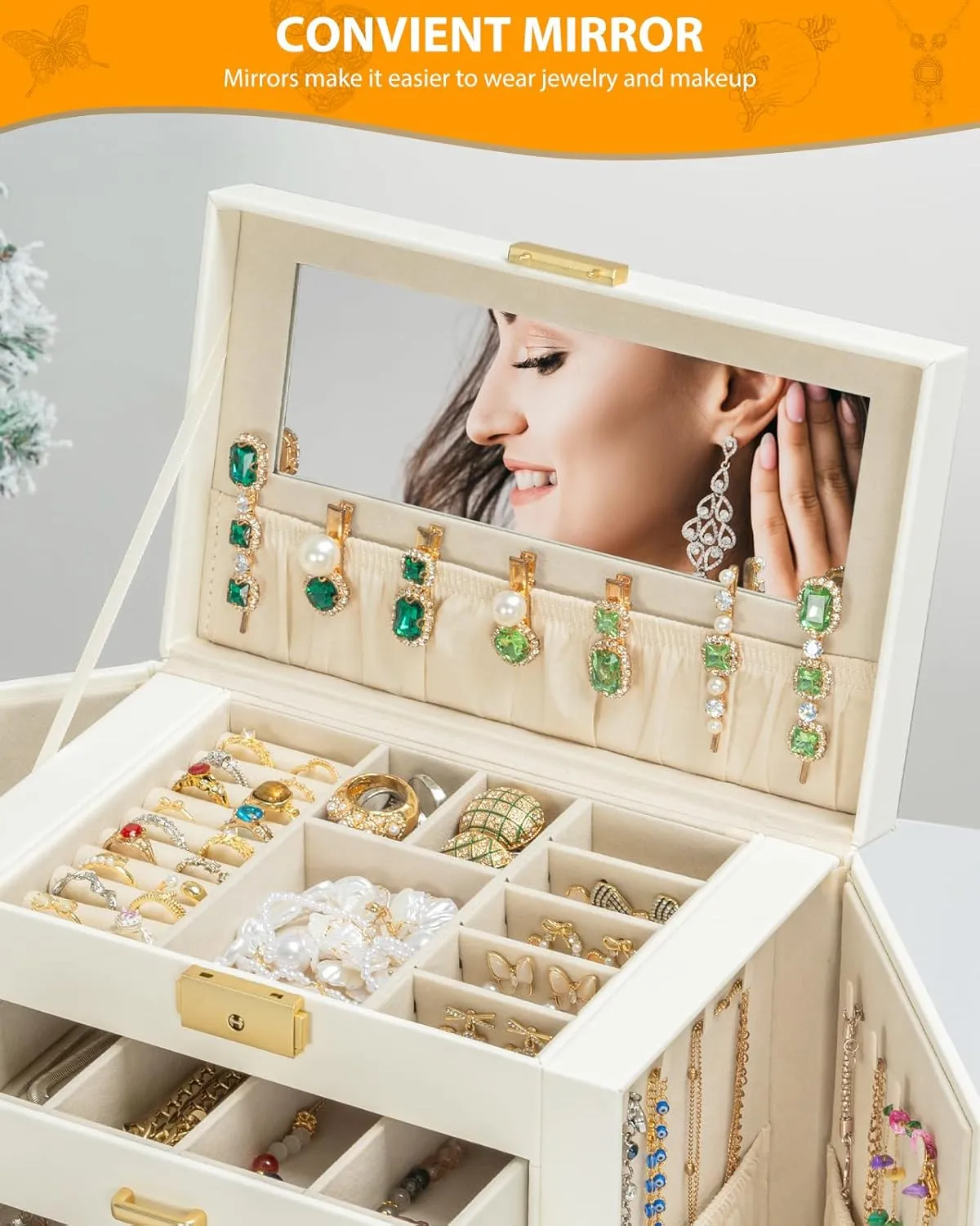 for Women Girls Ring Necklace Earring Bracelet Watches Holder with Mirror White AKOZLIN Large 4-Tier Jewelry Box Leather Jewelry Storage Organizer with 3 Drawers parameter spear allegiance Lockable 
