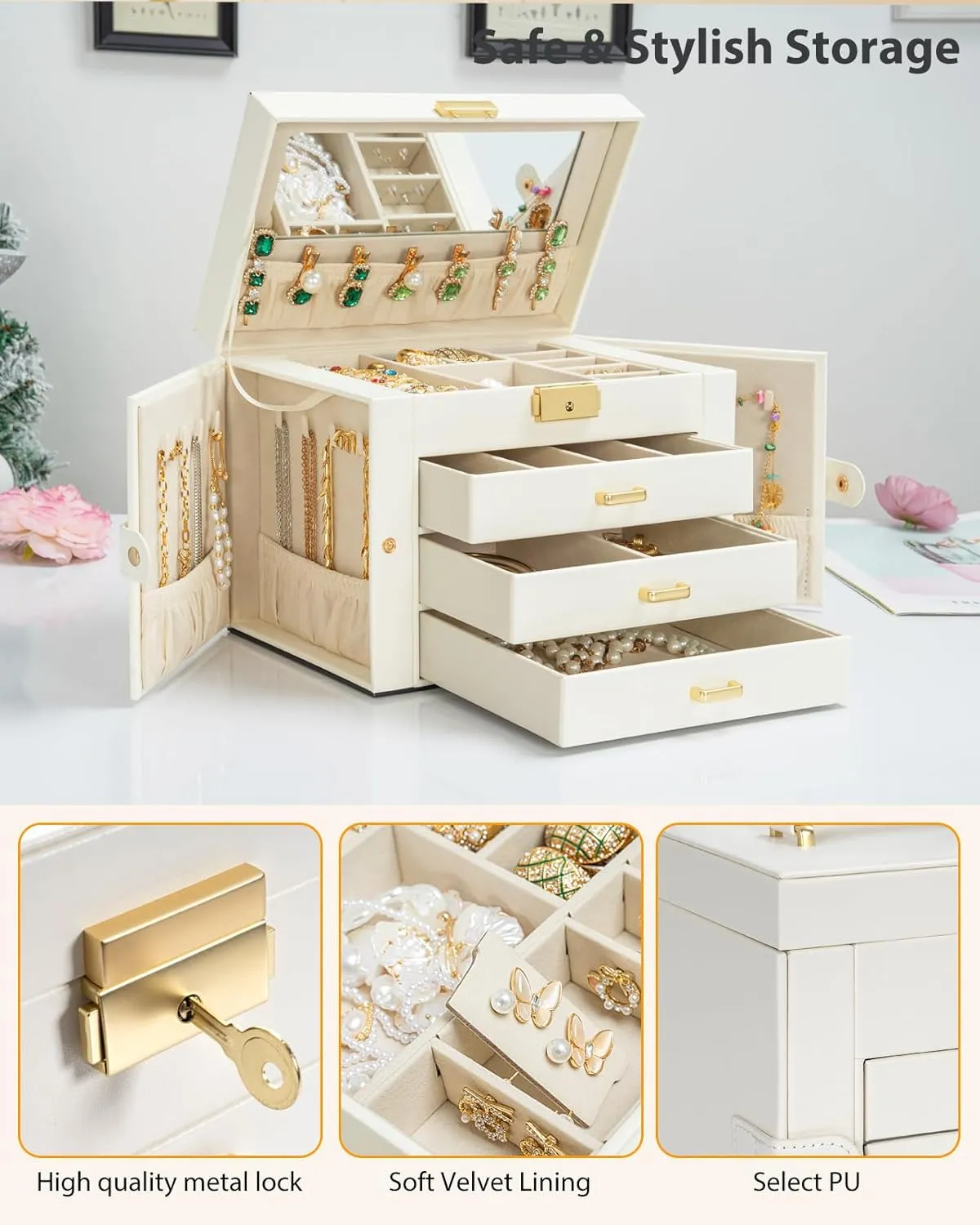 for Women Girls Ring Necklace Earring Bracelet Watches Holder with Mirror White AKOZLIN Large 4-Tier Jewelry Box Leather Jewelry Storage Organizer with 3 Drawers parameter spear allegiance Lockable 