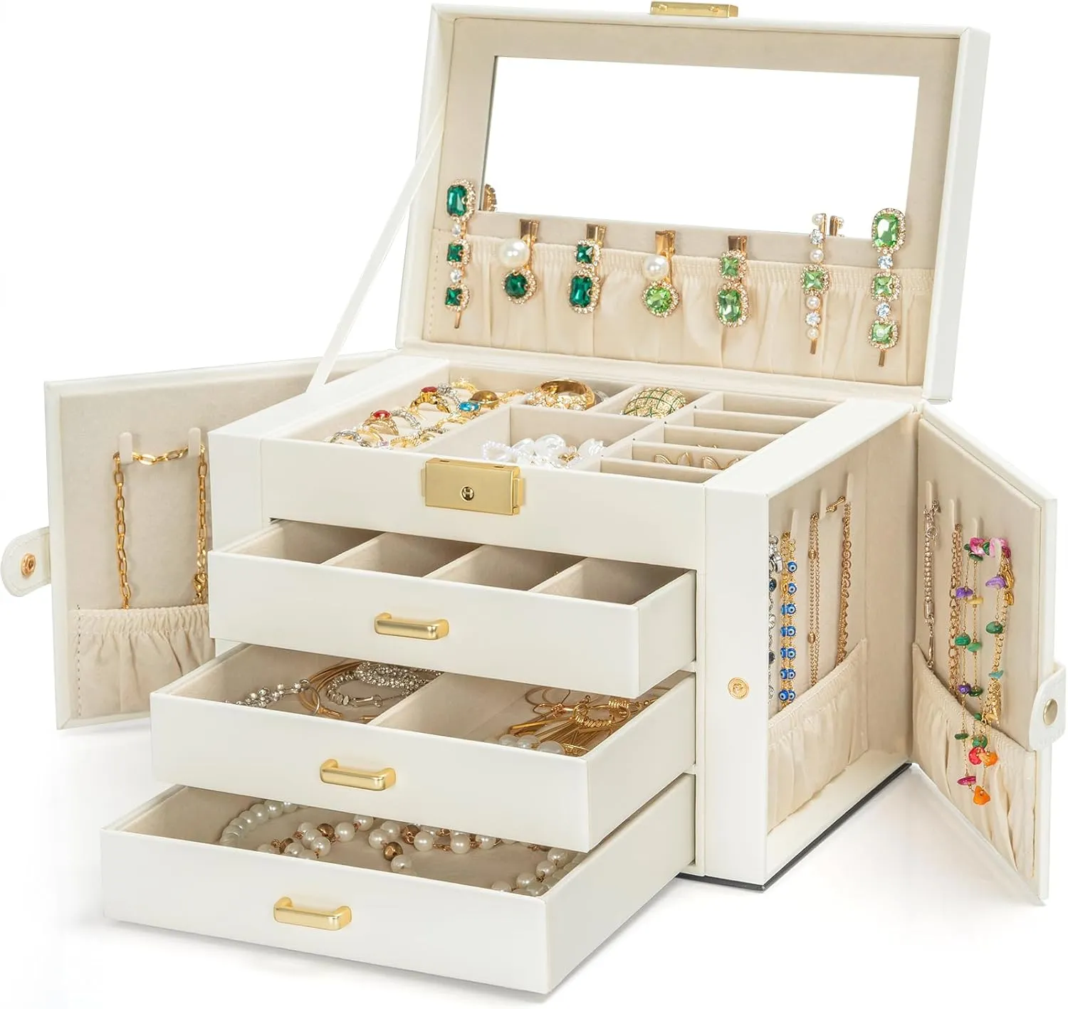 for Women Girls Ring Necklace Earring Bracelet Watches Holder with Mirror White AKOZLIN Large 4-Tier Jewelry Box Leather Jewelry Storage Organizer with 3 Drawers parameter spear allegiance Lockable 