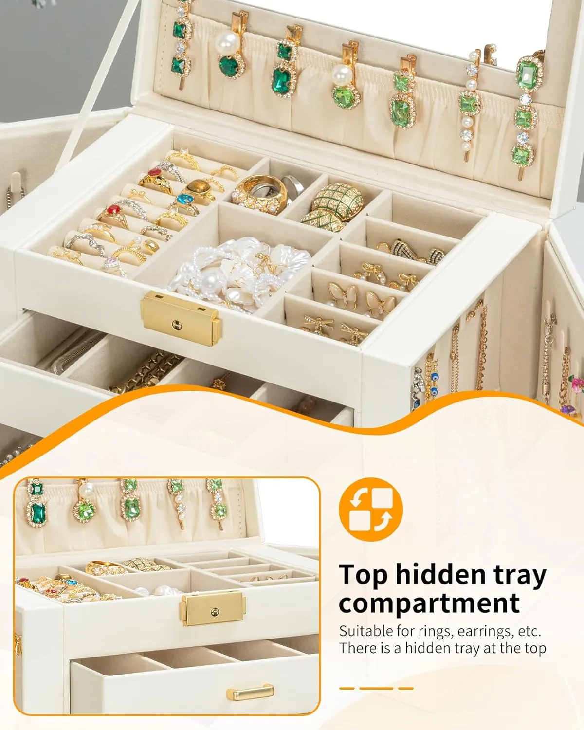 for Women Girls Ring Necklace Earring Bracelet Watches Holder with Mirror White AKOZLIN Large 4-Tier Jewelry Box Leather Jewelry Storage Organizer with 3 Drawers parameter spear allegiance Lockable 