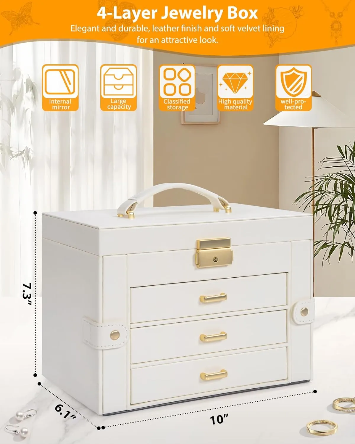 for Women Girls Ring Necklace Earring Bracelet Watches Holder with Mirror White AKOZLIN Large 4-Tier Jewelry Box Leather Jewelry Storage Organizer with 3 Drawers parameter spear allegiance Lockable 