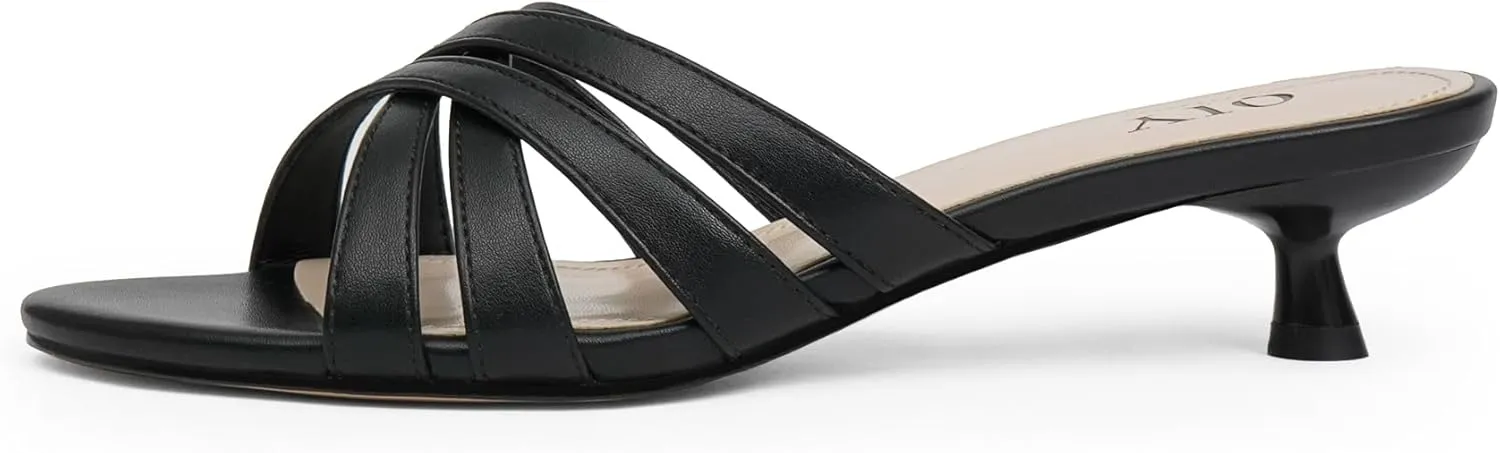 for Women Strappy Low Heels Open Rounded Toe Mules Slip on Slide unresolved Sandals Comfort Dress Shoes Kitten Heels 