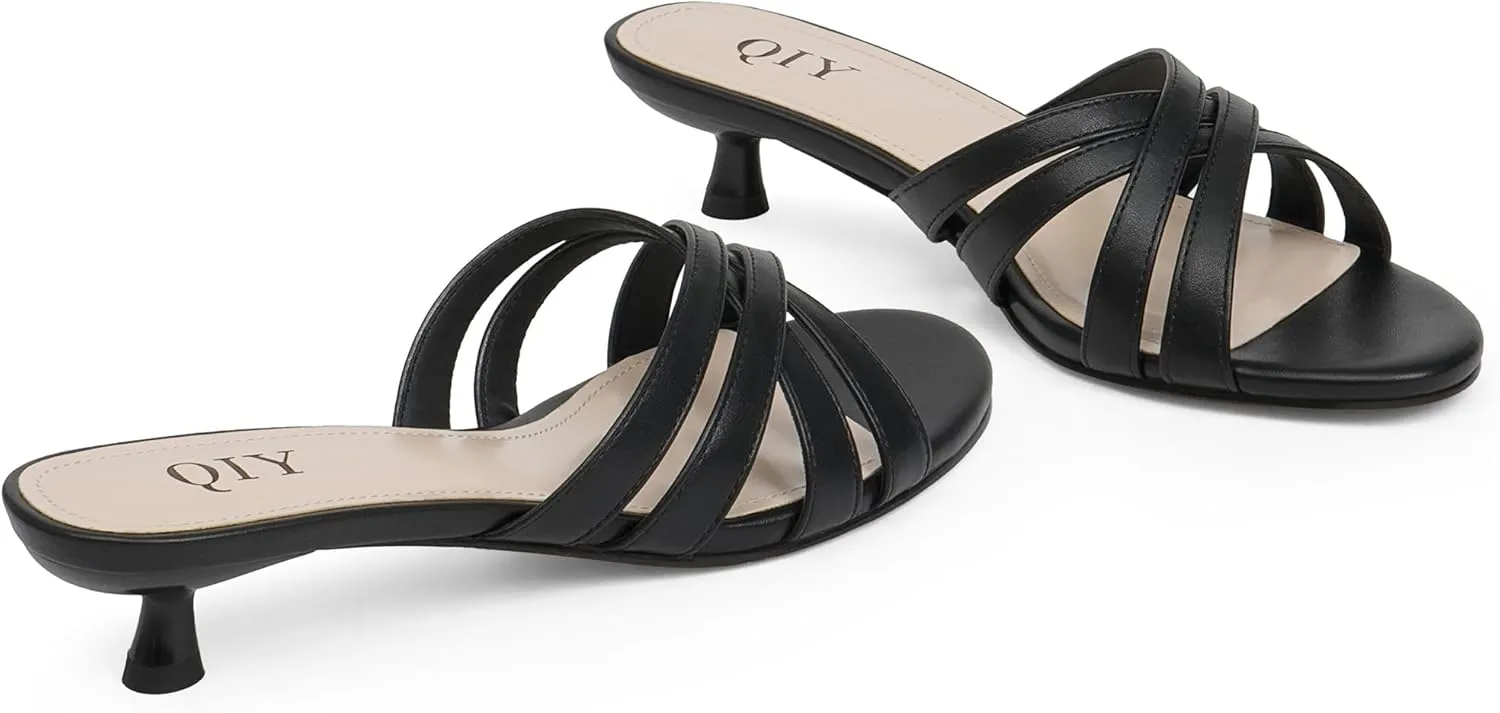 for Women Strappy Low Heels Open Rounded Toe Mules Slip on Slide unresolved Sandals Comfort Dress Shoes Kitten Heels 