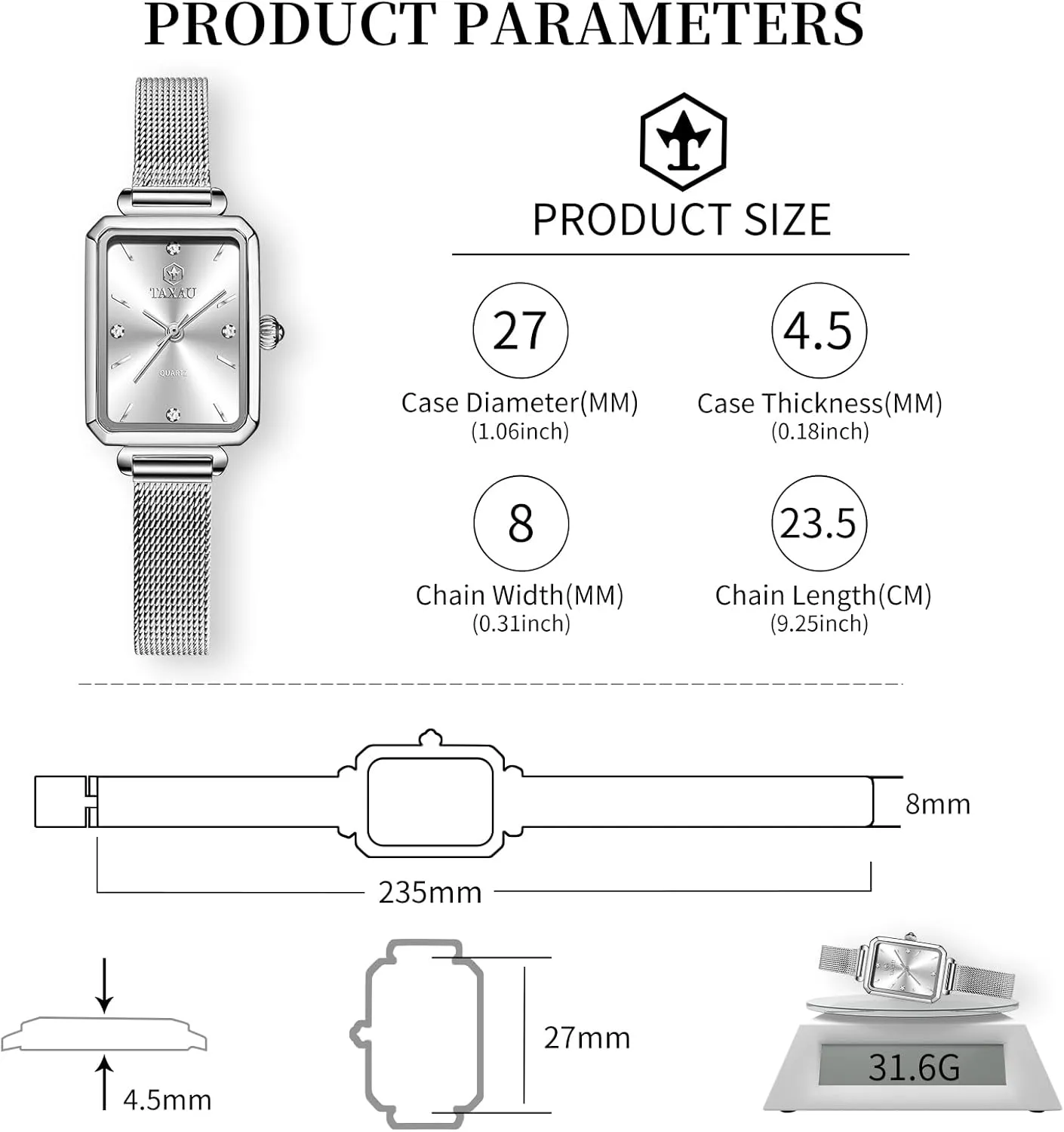 for Women,Classisc Dial Mesh Bractelet Ladies for Small Wrists Rectangle Face,Exquisite Crown,Vintage Waterproof,reloj substantial para Mujer Stainless Steel Watches 